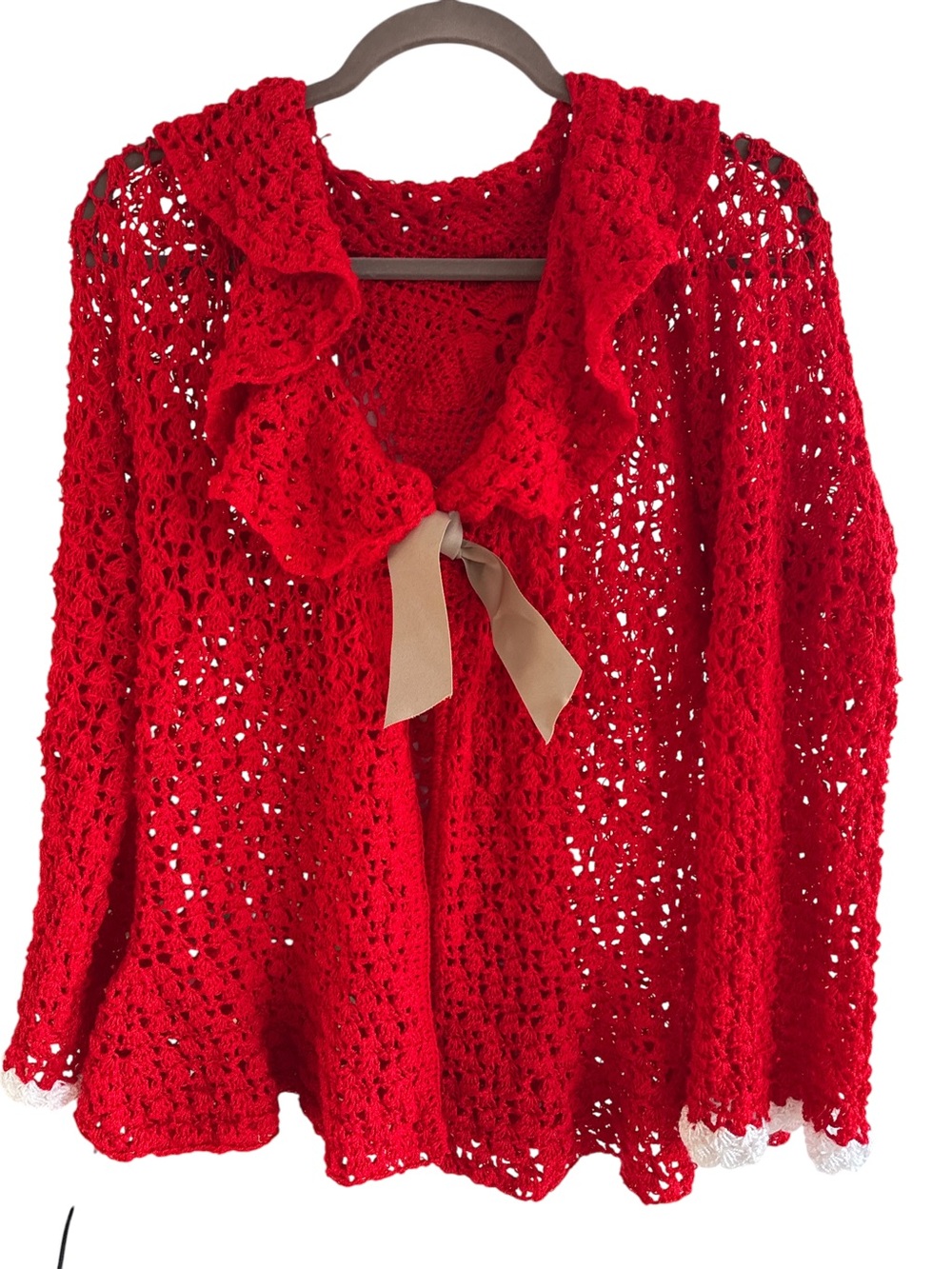 Red Crochet Ruffle Tie-Front Sweater Cardigan